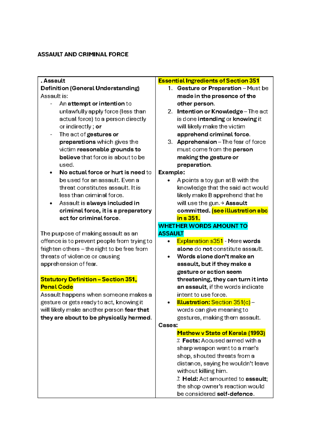 ASSAULT AND CRIMINAL FORCE: Legal Definitions and Case Studies - Studocu