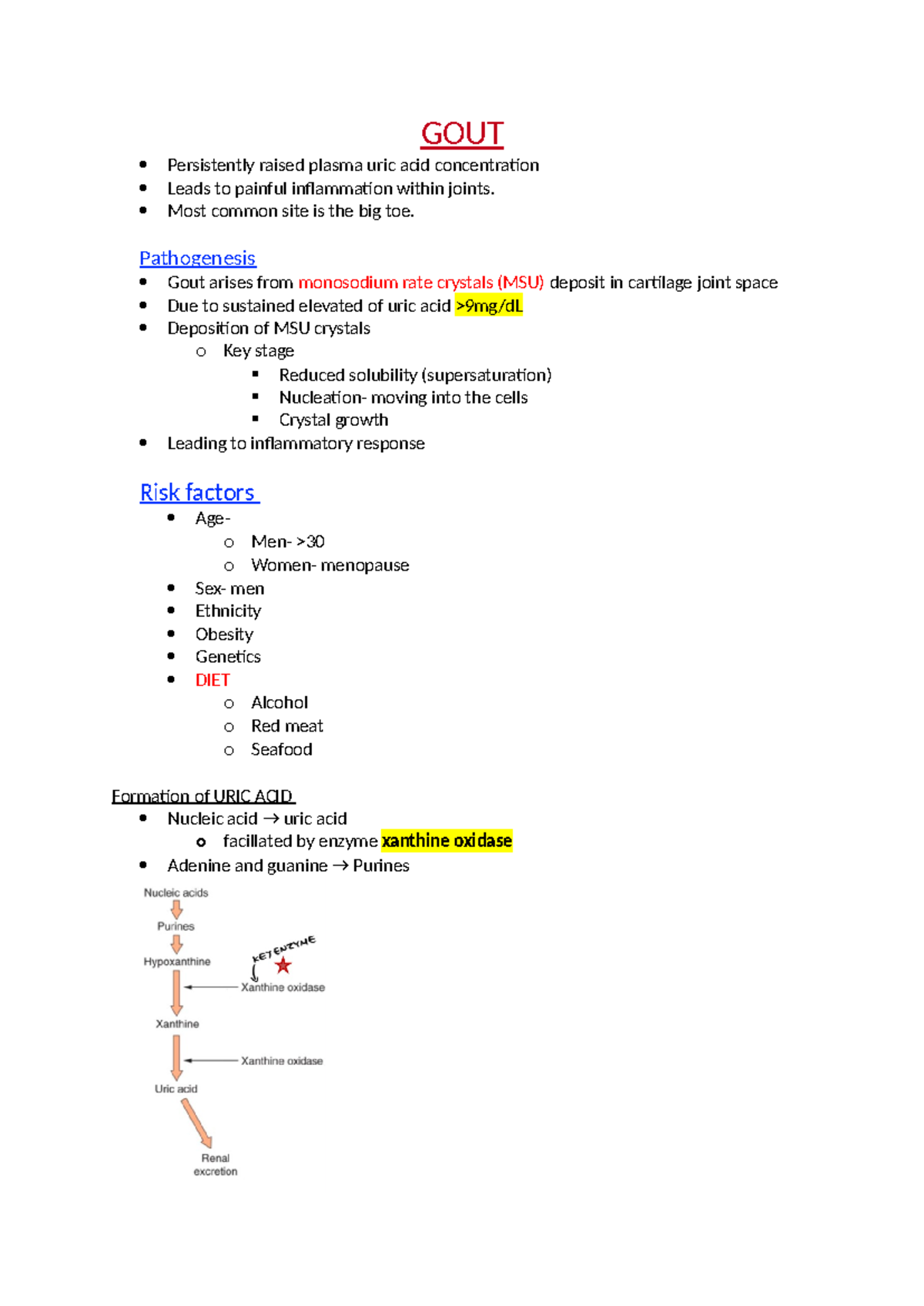 GOUT Study Notes: Pathogenesis, Risk Factors & Uric Acid Formation ...