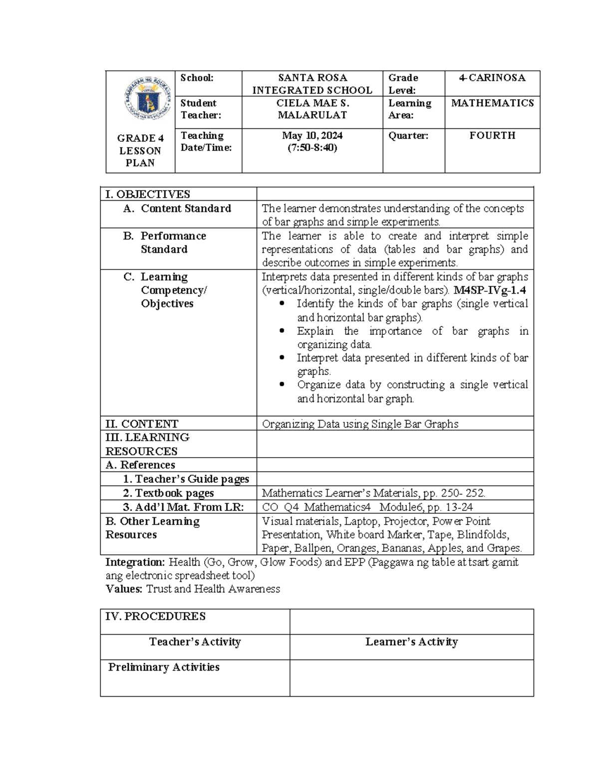 MATH-DLP- Final Lesson Plan: Bar Graphs for Grade 4 - Studocu