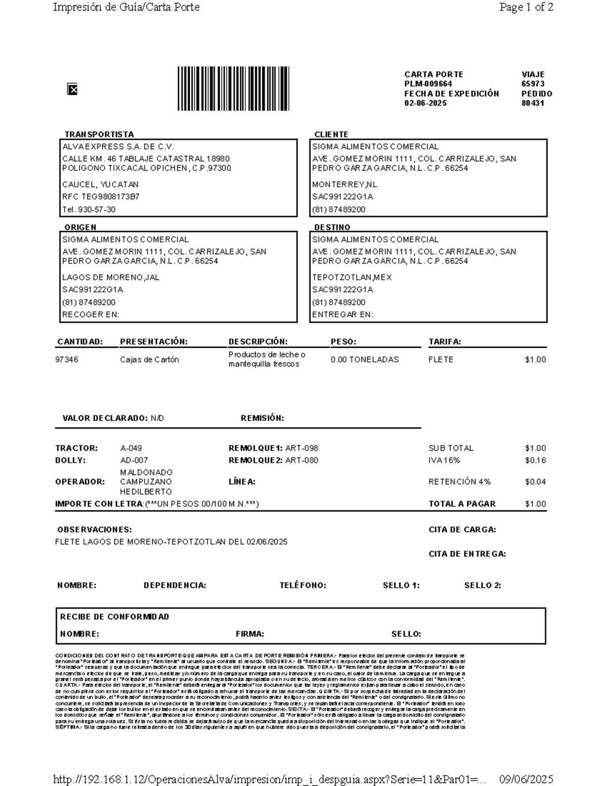 Ejemplo de Carta Porte - Transporte de Mercancías - Document Preview