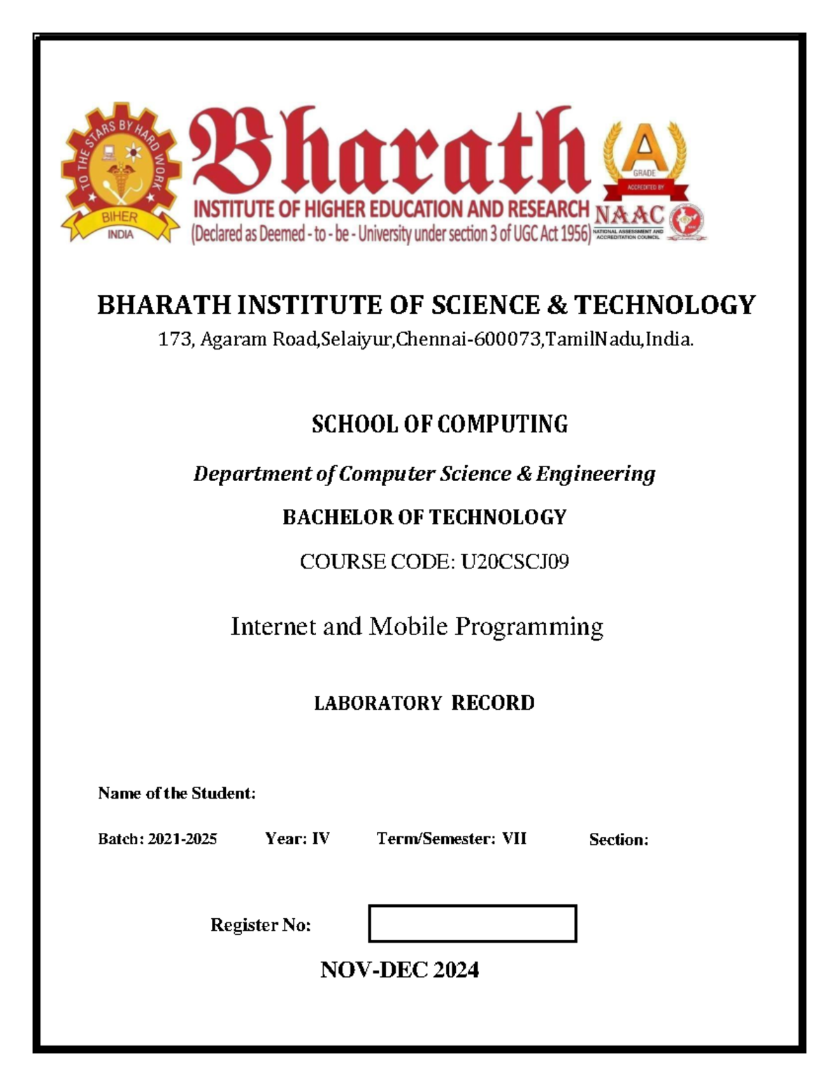 U20CSCJ Final Lab Record on Internet & Mobile Programming - Studocu