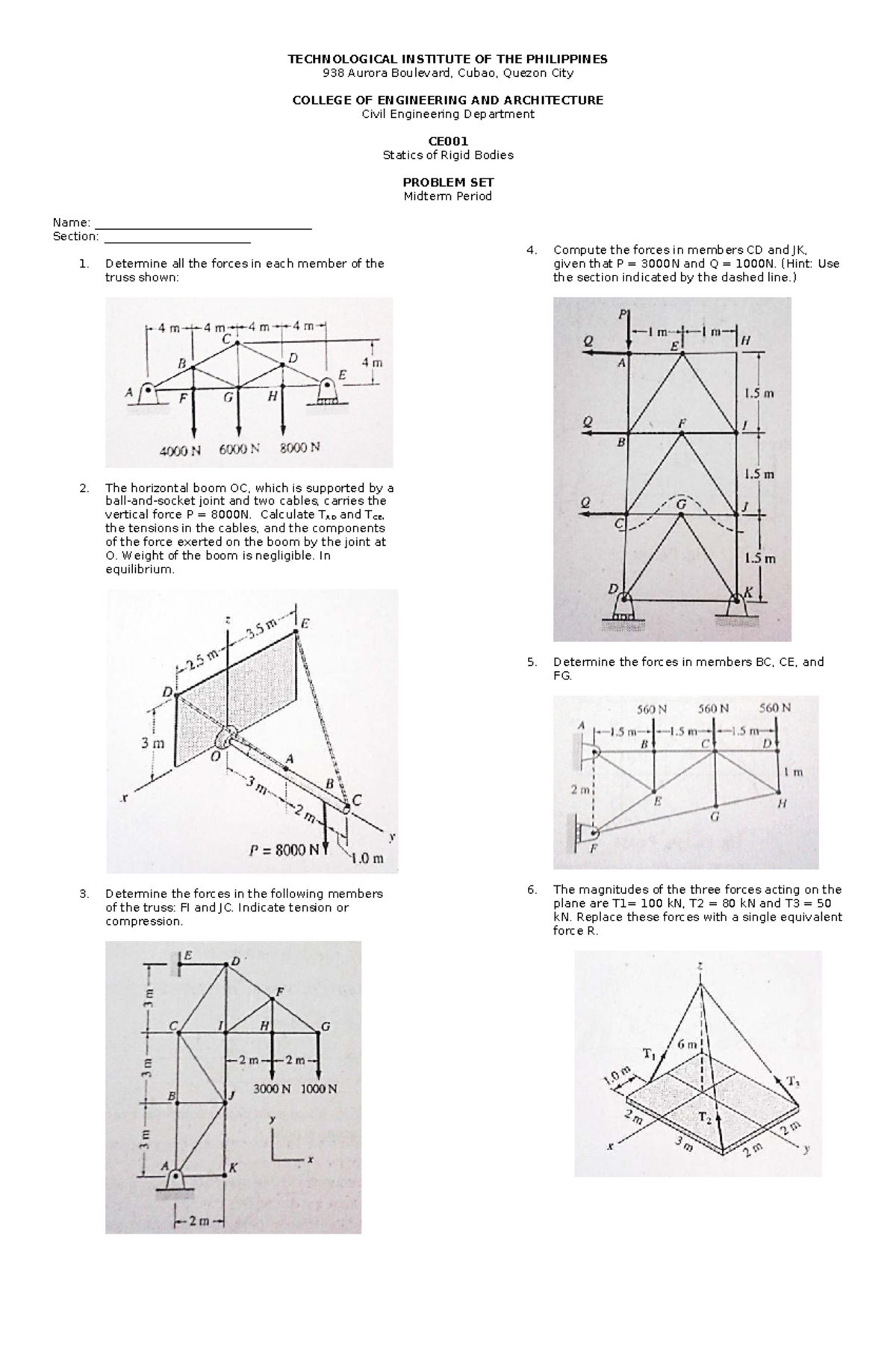 CE001 Statics of Rigid Bodies Midterm Problem Set - Studocu