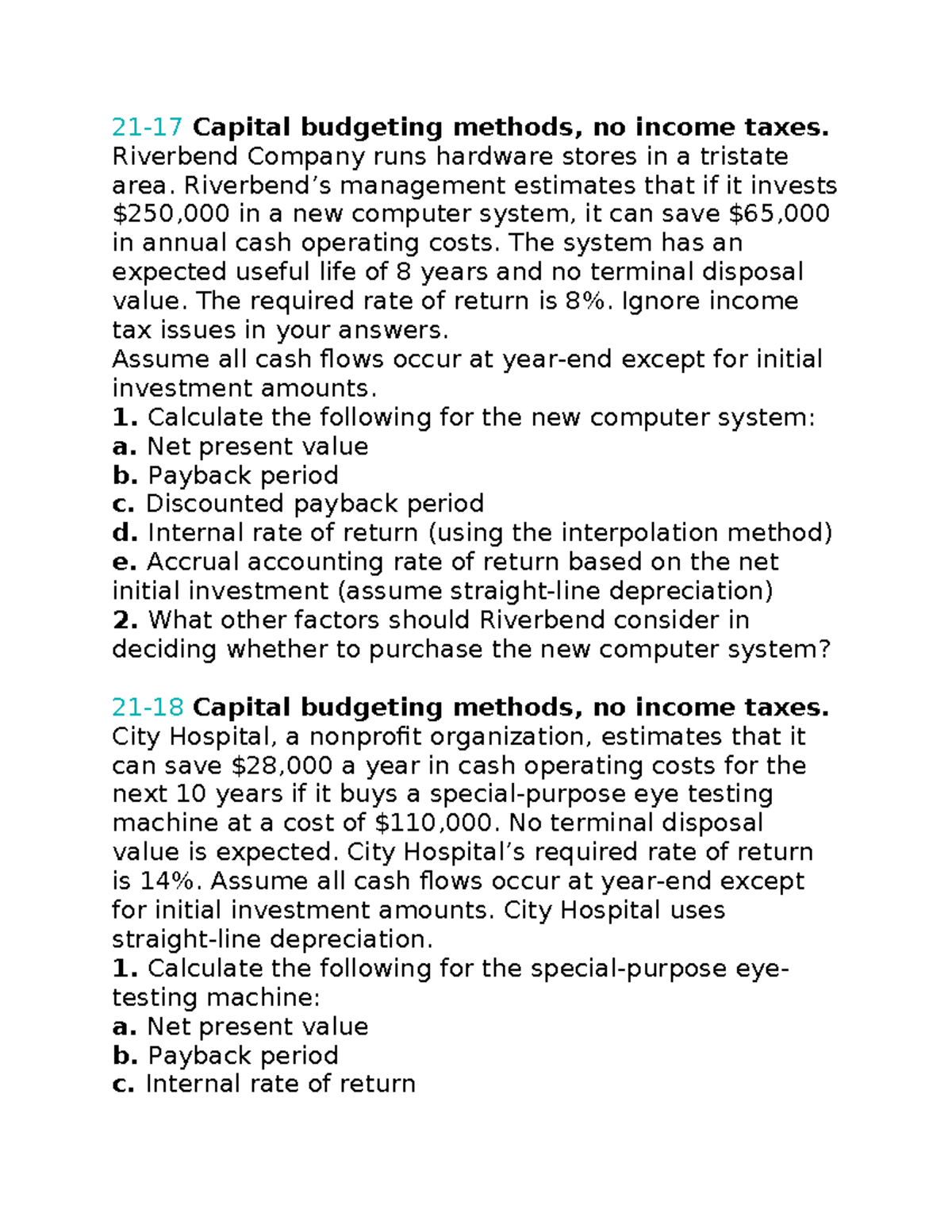 Capital Budgeting Methods Analysis - No Income Taxes (21-17, 21-18, 21 ...