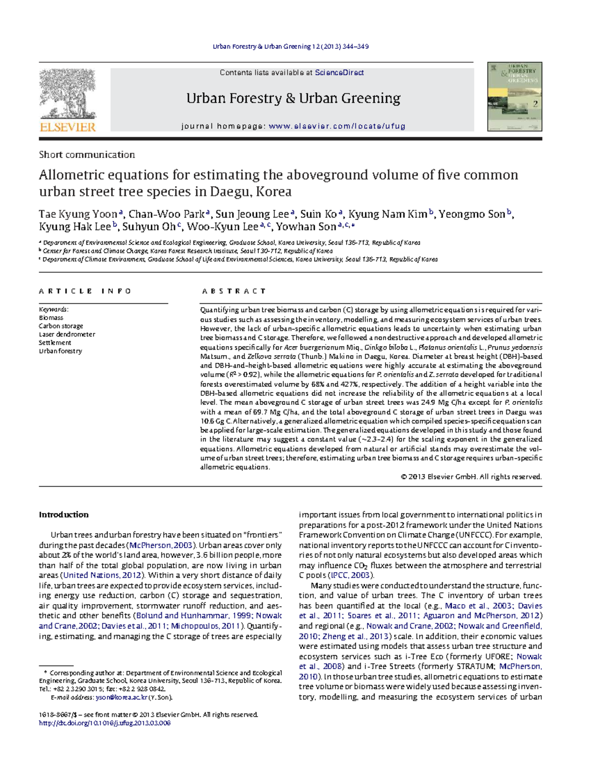 Allometric Equations for Urban Tree Biomass Estimation in Daegu, Korea ...