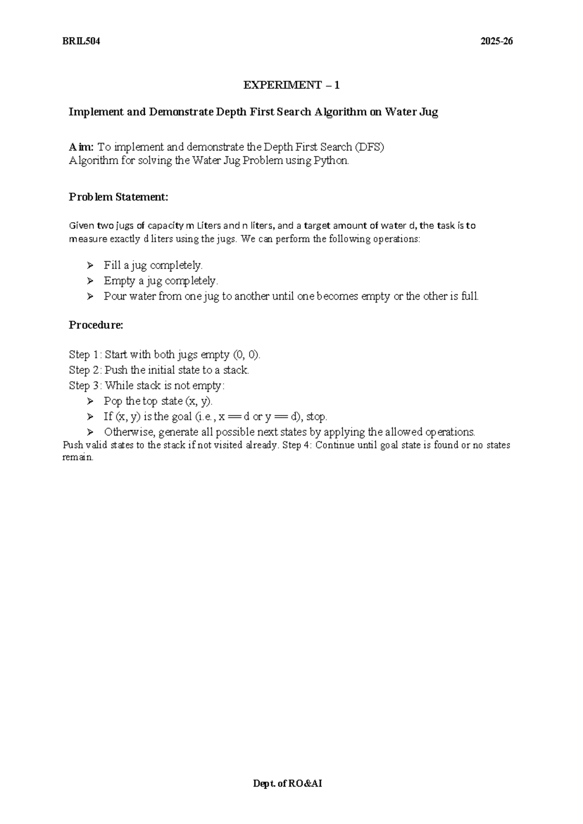 BRIL504 Final Exam: Depth First Search Algorithm for Water Jug Problem ...