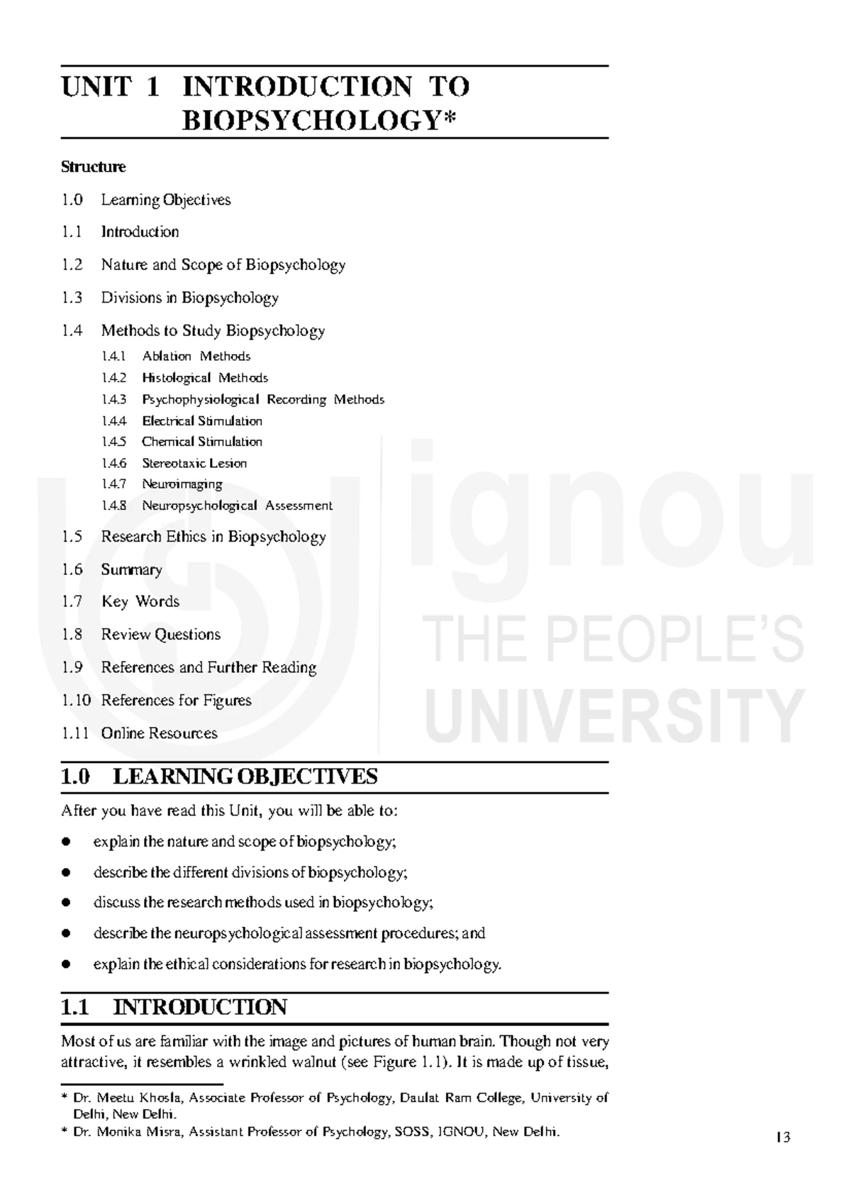 BPCC102 - Biopsychology - UNIT 1 INTRODUCTION TO BIOPSYCHOLOGY ...