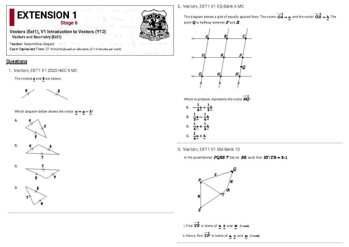 Vectors Smarter Maths Practice Questions (Paper 3) - 1. Vectors, EXT1 ...