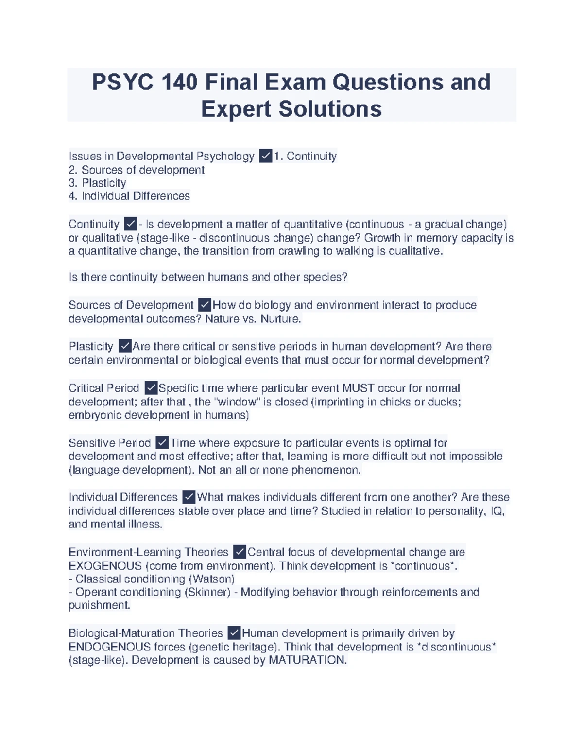 PSYC 140 Final Exam Review: Key Questions & Solutions in Developmental ...