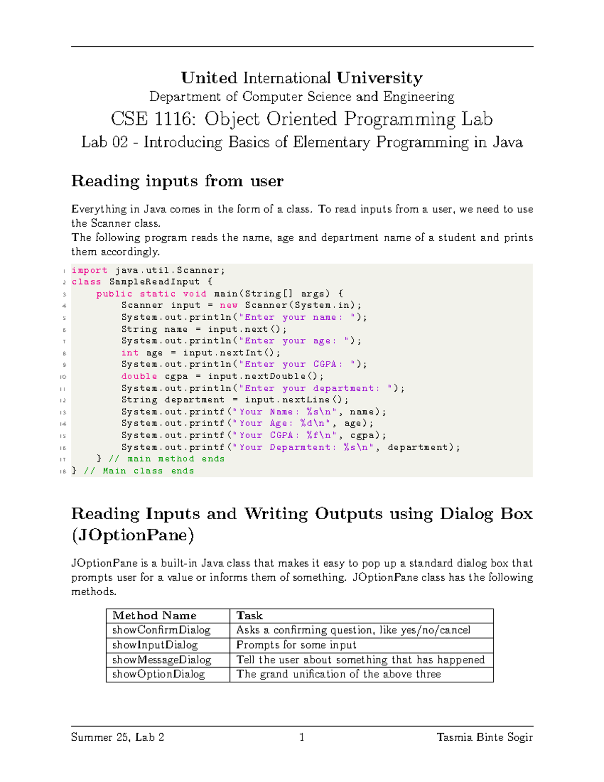 CSE 1116 Lab 02 - Basics of Java Input/Output Programming - Studocu