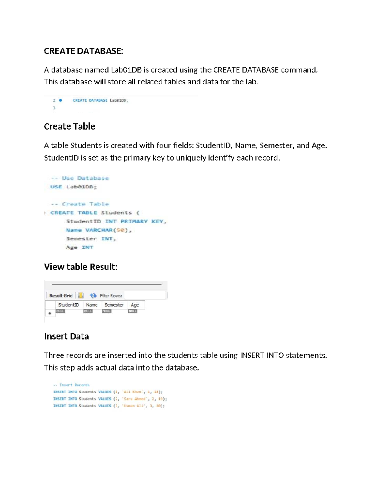 Lab Task 1: SQL Database Creation and Data Insertion - Studocu