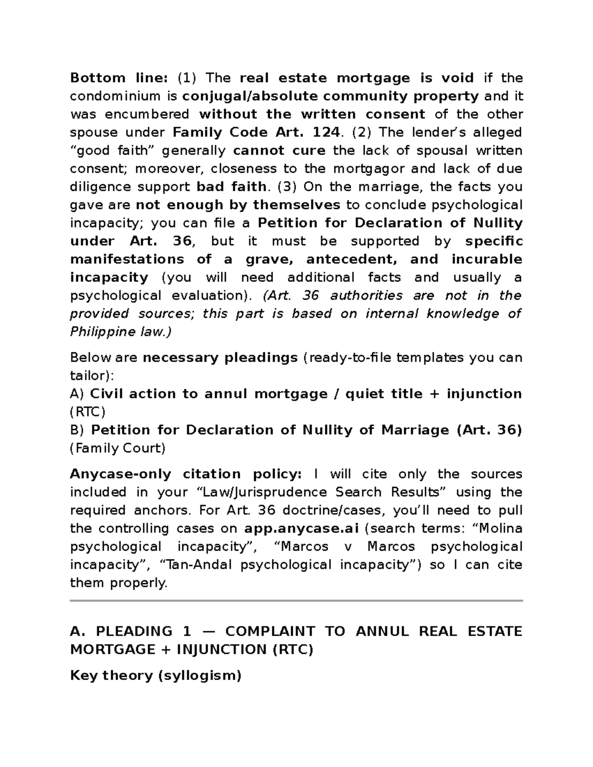 Case 3: Initial Pleadings for Nullity of Marriage & Mortgage Annulment ...