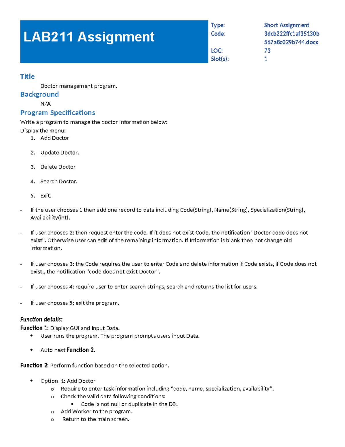 LAB211 Short Assignment: Doctor Management Program Code Implementation ...