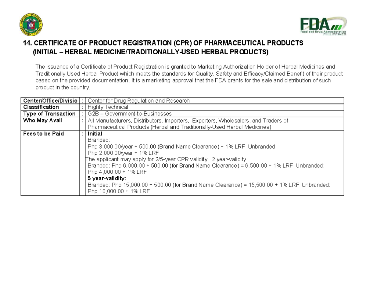 14. CPR for Herbal Products: Registration Process & Requirements - Studocu