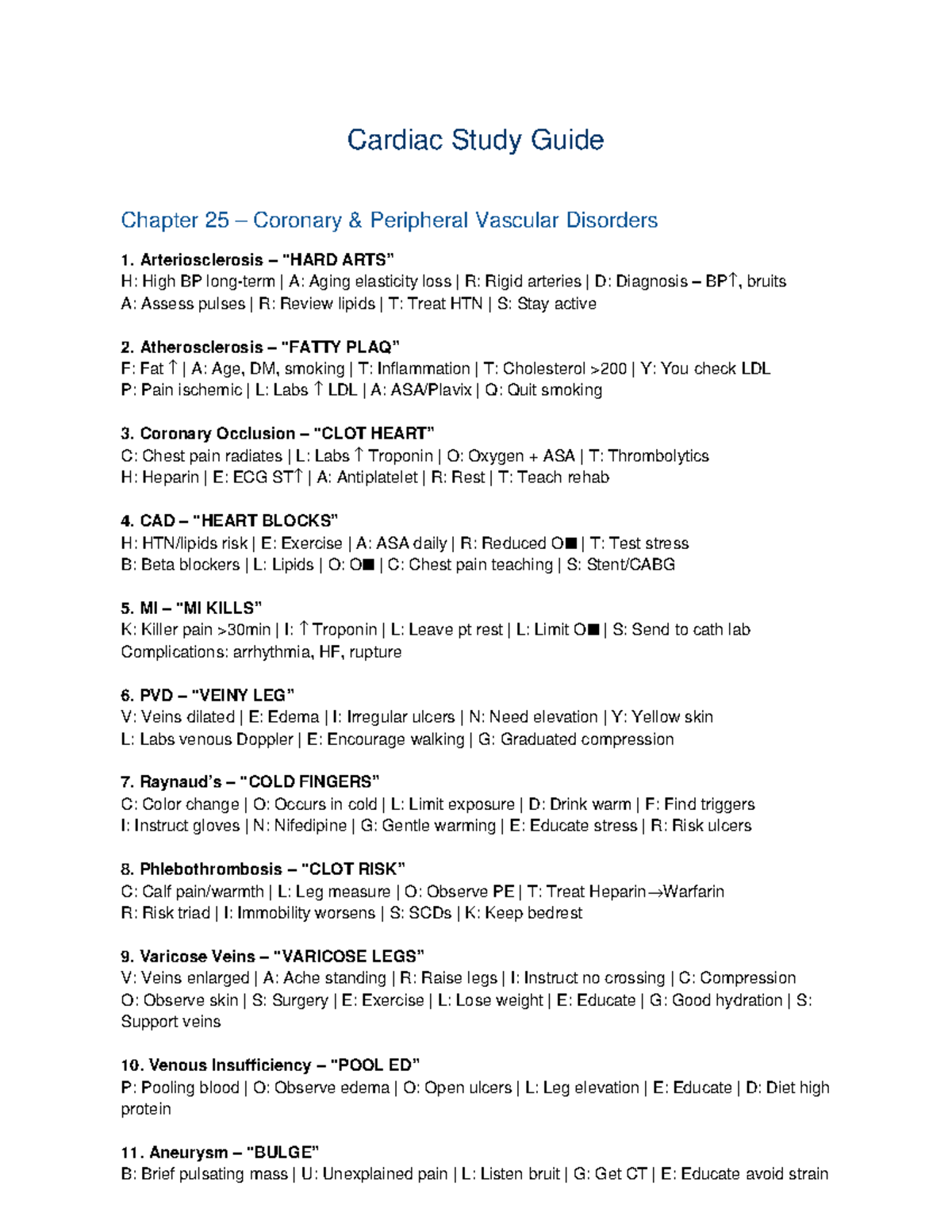 Chapter 25-26 Cardiac Study Guide: Vascular Disorders & Arrhythmias ...