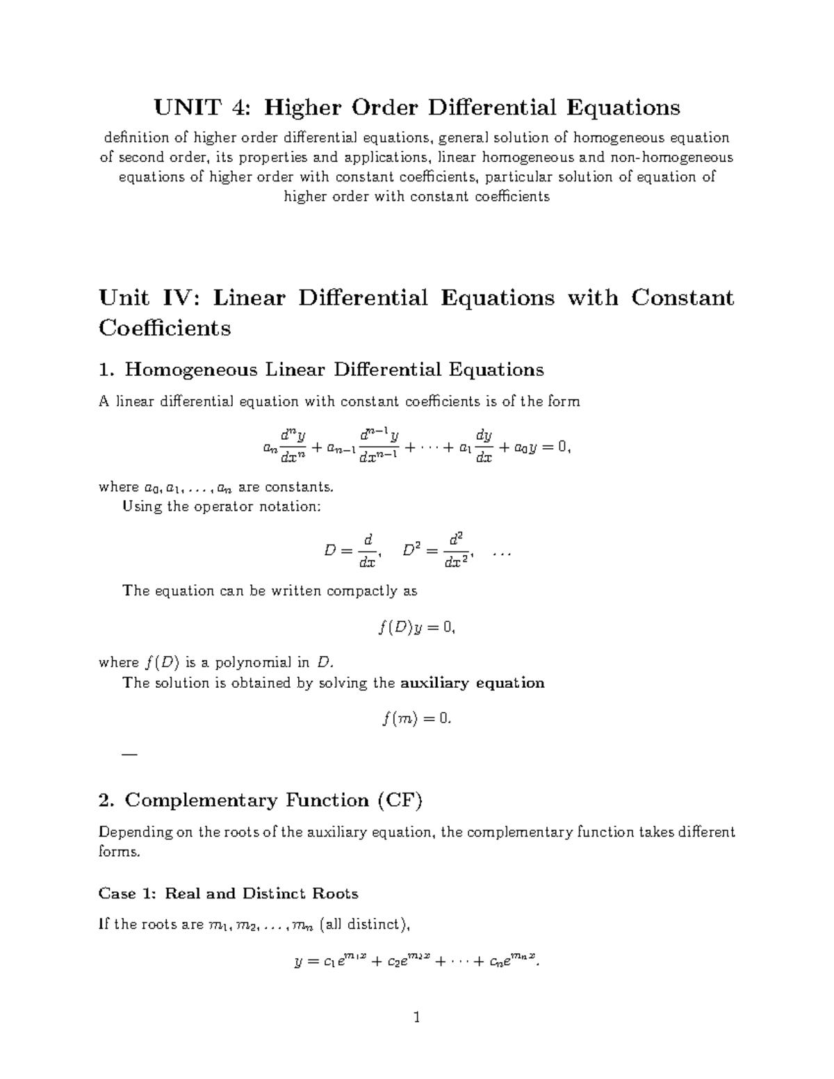 Differential Equations U4: Summary of Higher Order Solutions - Studocu