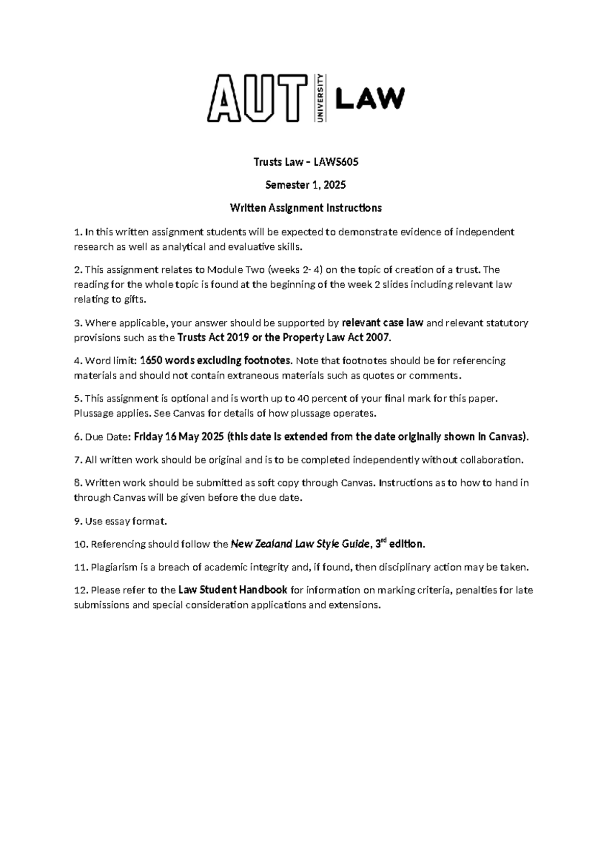 Trusts Law LAWS605 Semester 1, 2025 Written Assignment Guidelines - Studocu