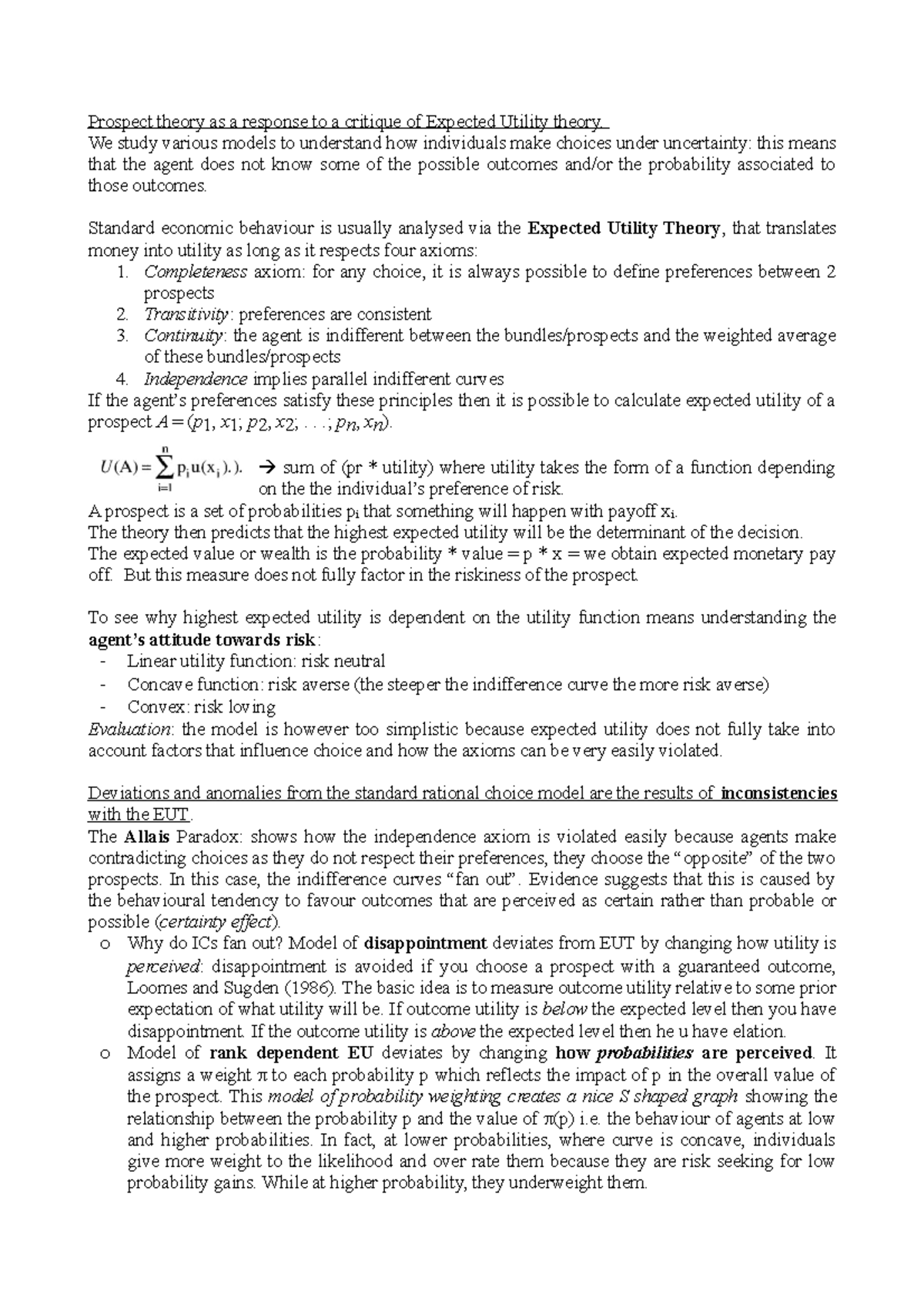 Week 2 Notes - Prospect theory as a response to a critique of Expected ...