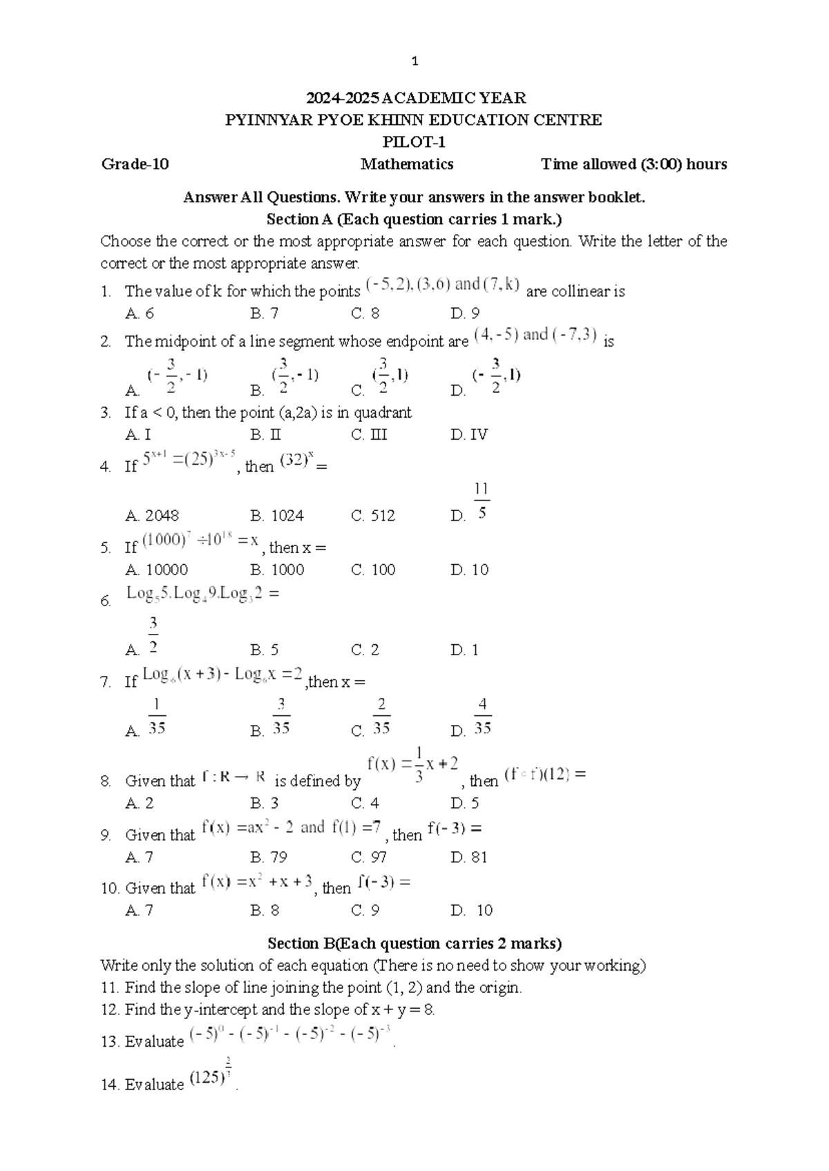 Pilot 1 maths G 10 A4 printed - 1 2024-2025 ACADEMIC YEAR PYINNYAR PYOE ...