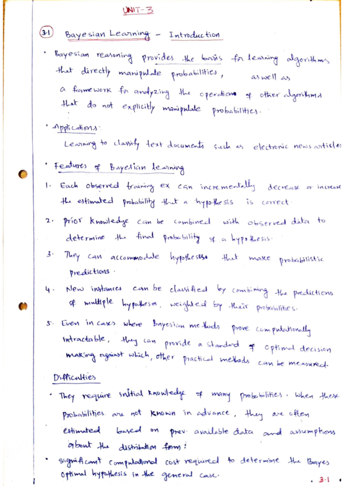 ML Unit-3 Notes: Introduction to Bayesian Learning and Algorithms - Studocu