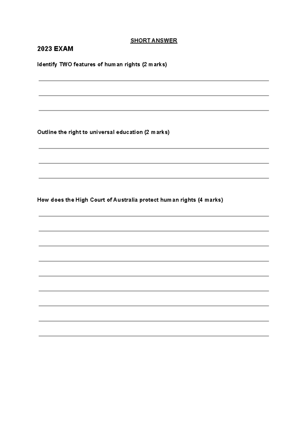 Human Rights Past Paper Questions - SHORT ANSWER 2023 EXAM Identify TWO ...