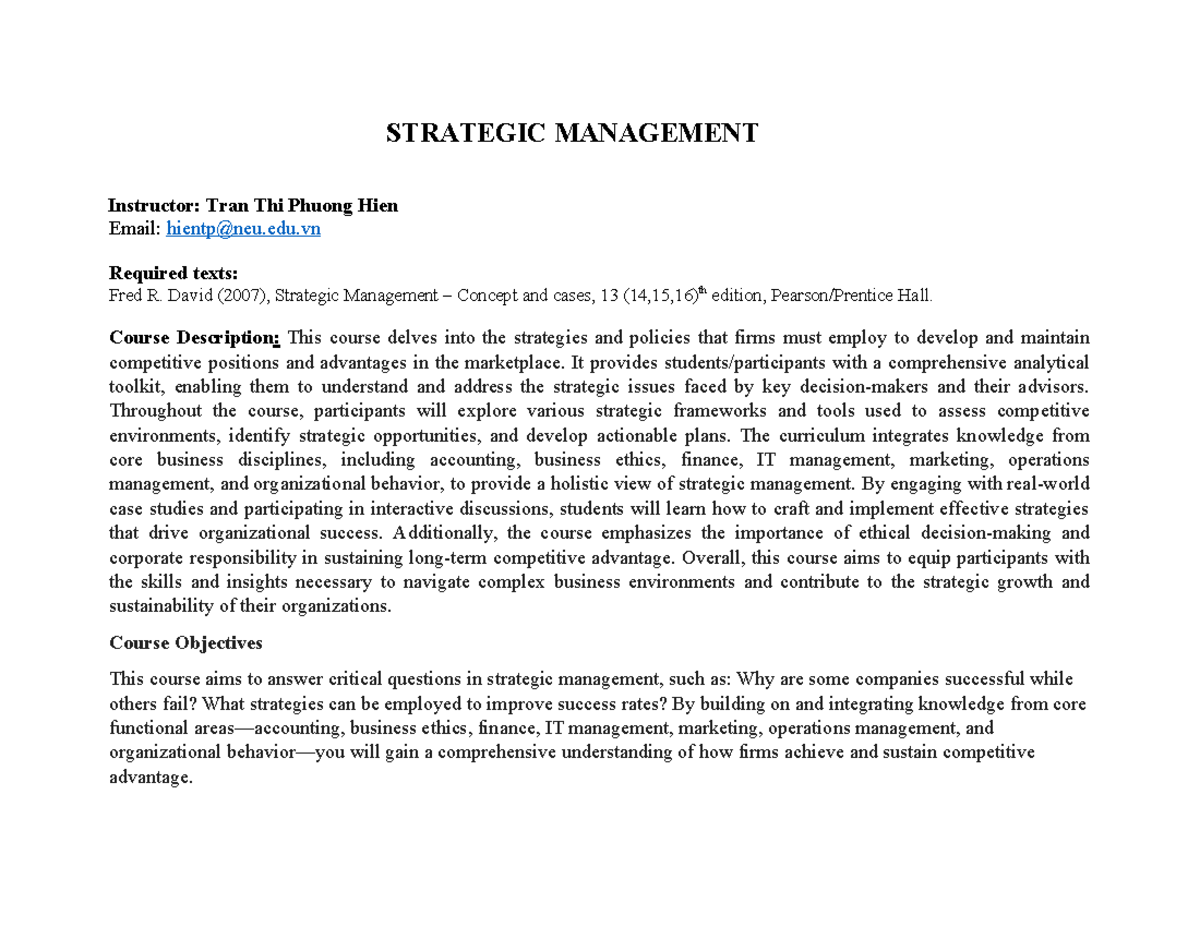 Syll SM 1 - Strategic Management In-Class Notes and Overview - Studocu