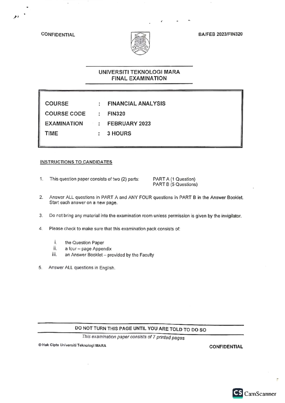 Final Exam Questions for Financial Analysis (FIN320) - Feb 2023 - Studocu