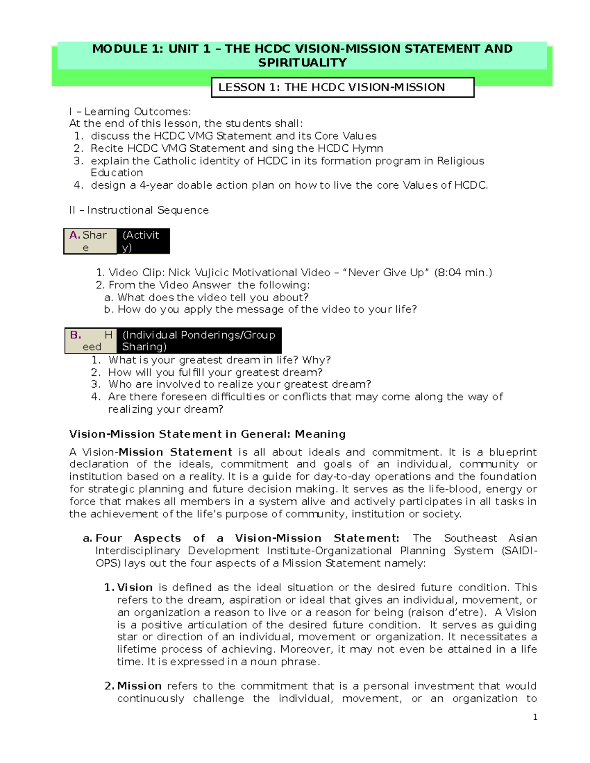 HCDC Religious Education Lesson 1: Vision-Mission & Core Values - Studocu
