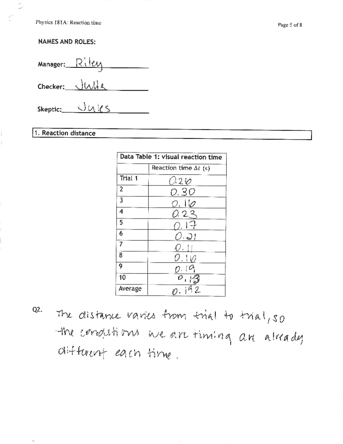 Physics lab 2 - lab notes - Physics 181A: Reaction time QB. WL Cl ...