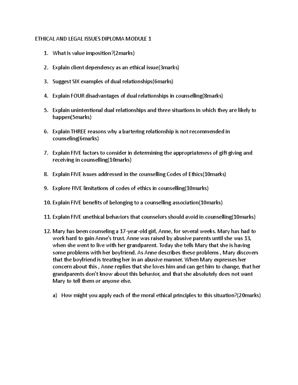 Ethical & Legal Issues in Counseling - Diploma Module 1 Questions - Studocu