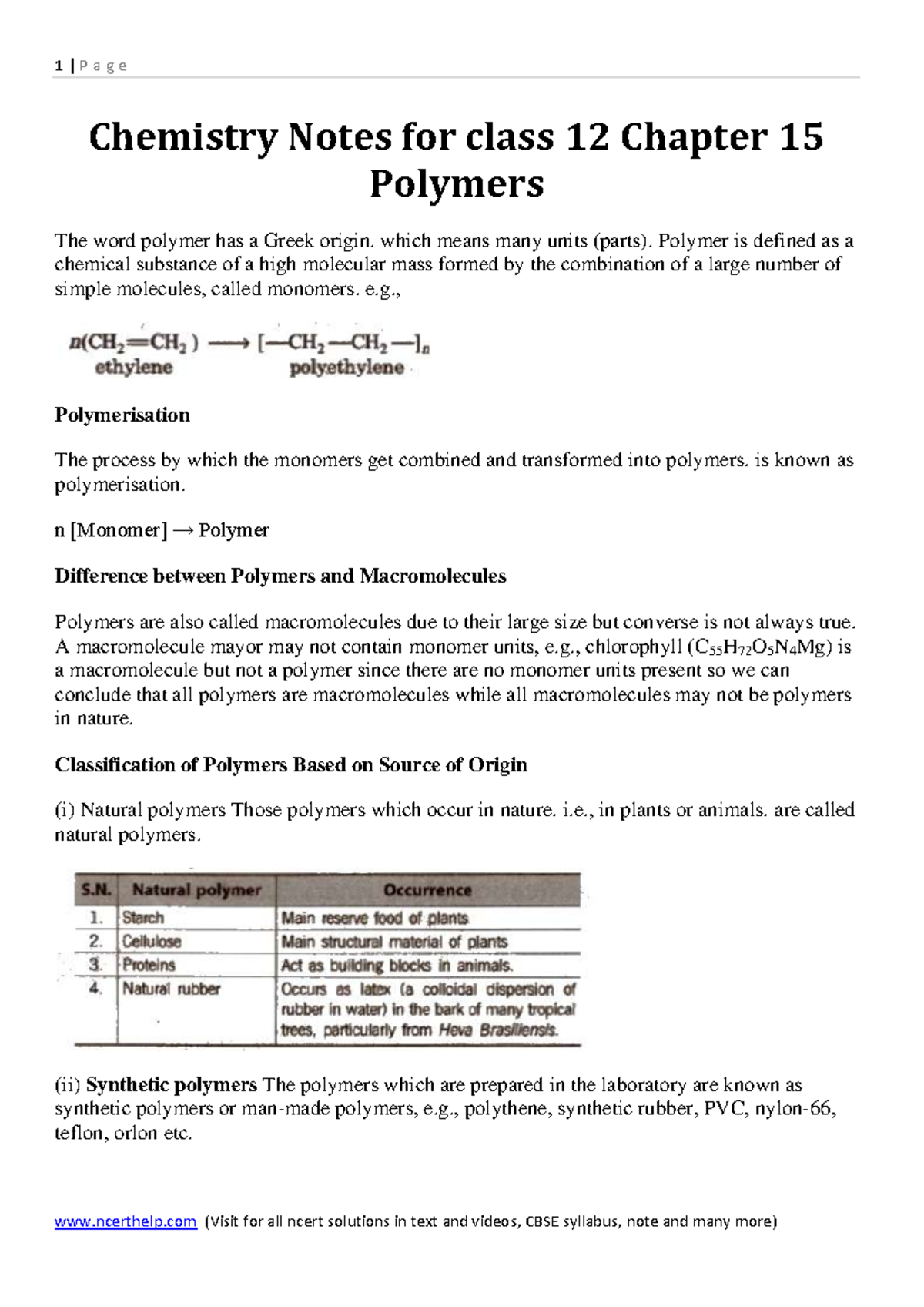 Chemistry Notes for Class 12: Chapter 15 - Polymers Overview - Studocu