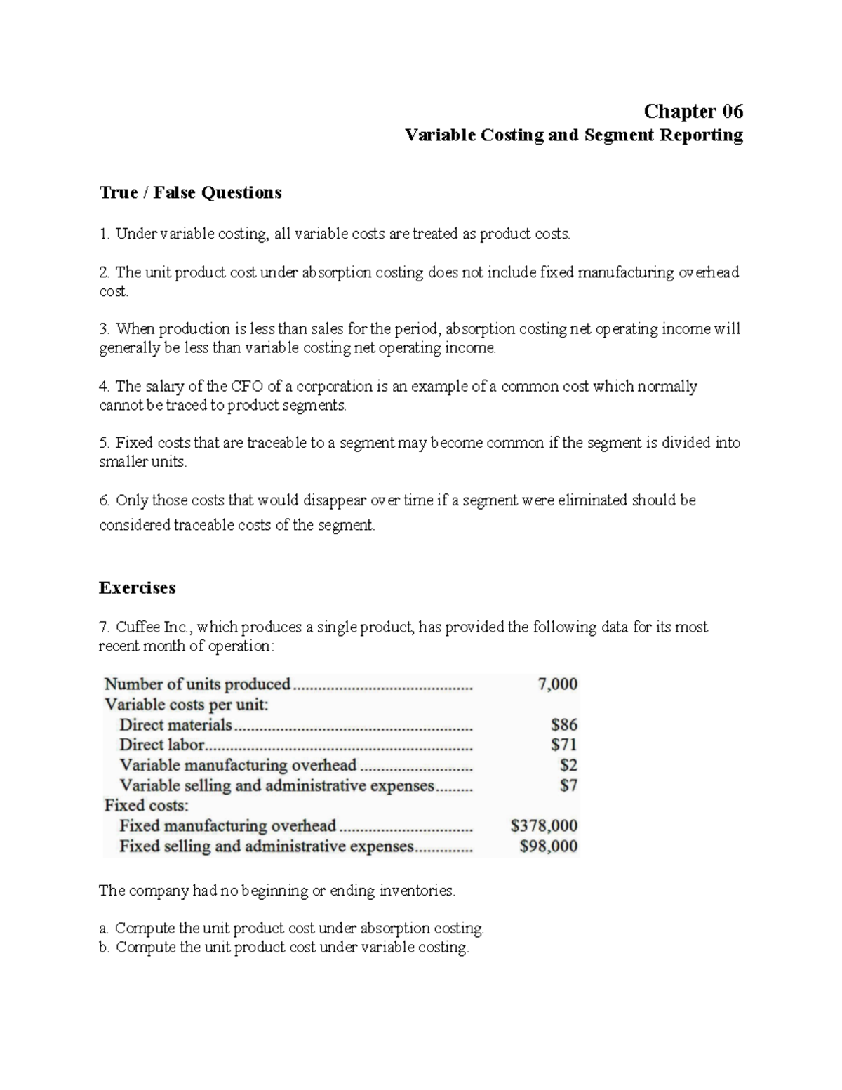 Chapter 06 Review Problems - Chapter 06 Variable Costing and Segment ...