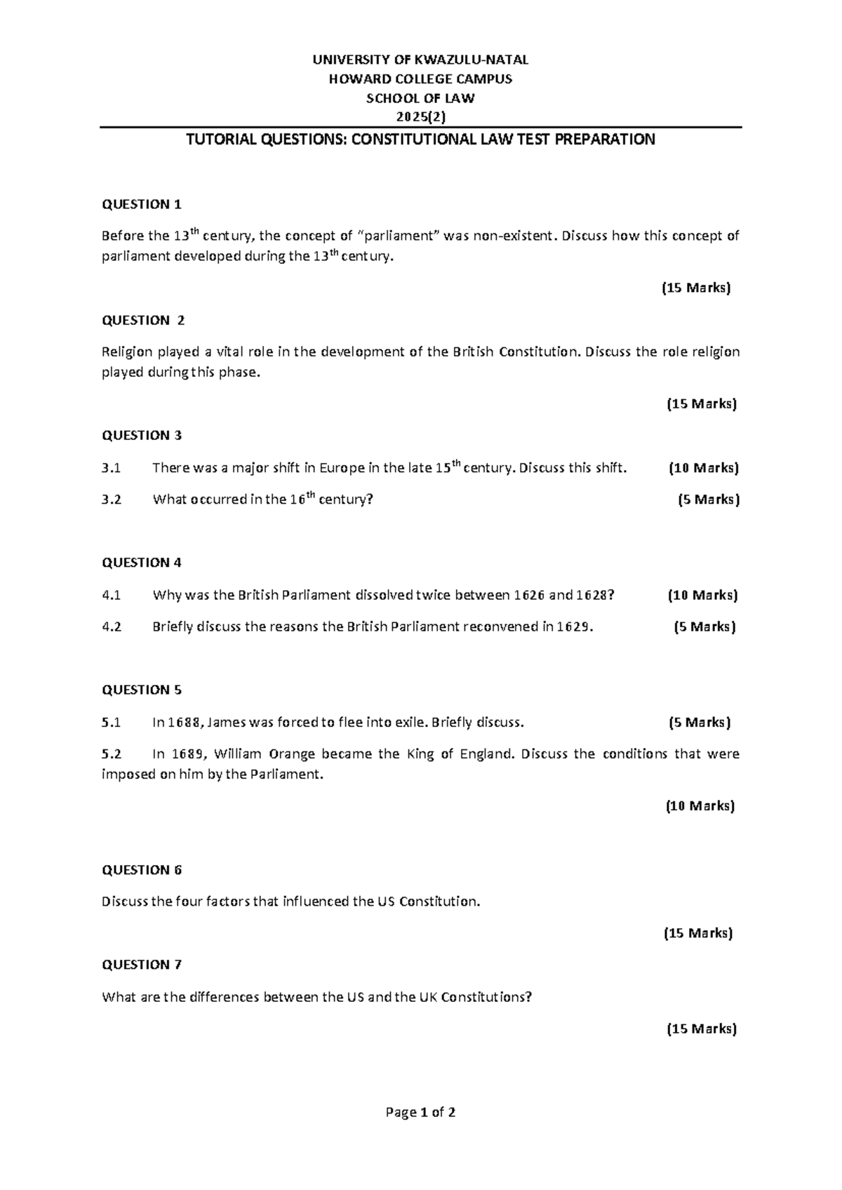 Tutorial 1 Questions: Constitutional Law 2025(2) Final Exam Prep - Studocu