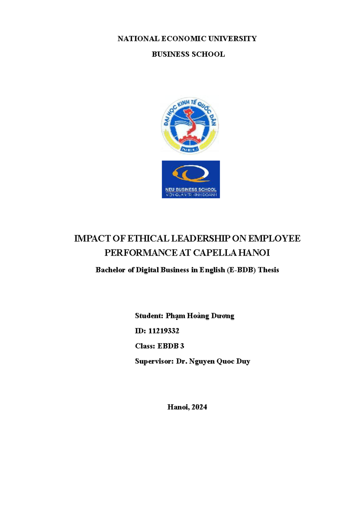 Impact of Ethical Leadership on Employee Performance at Capella Hanoi ...