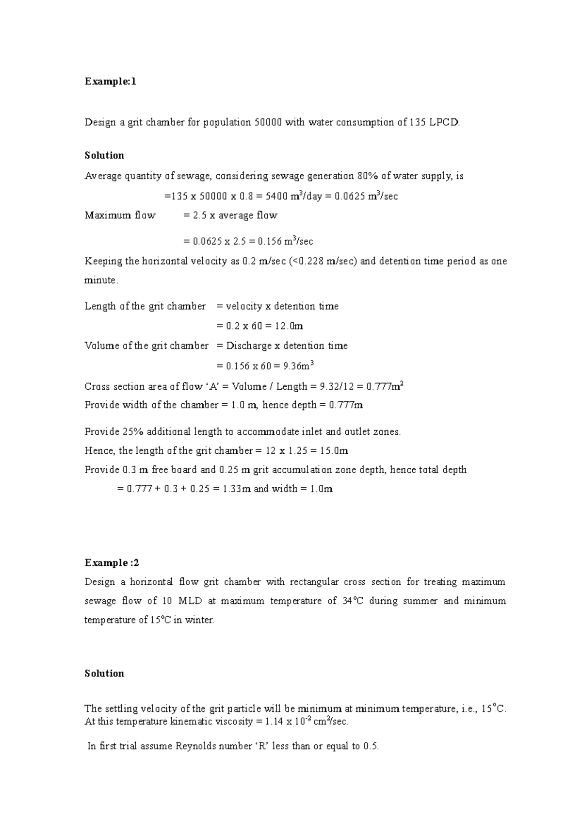 Grit Chamber Design: Examples and Tutorial for SEW 101 - Studocu