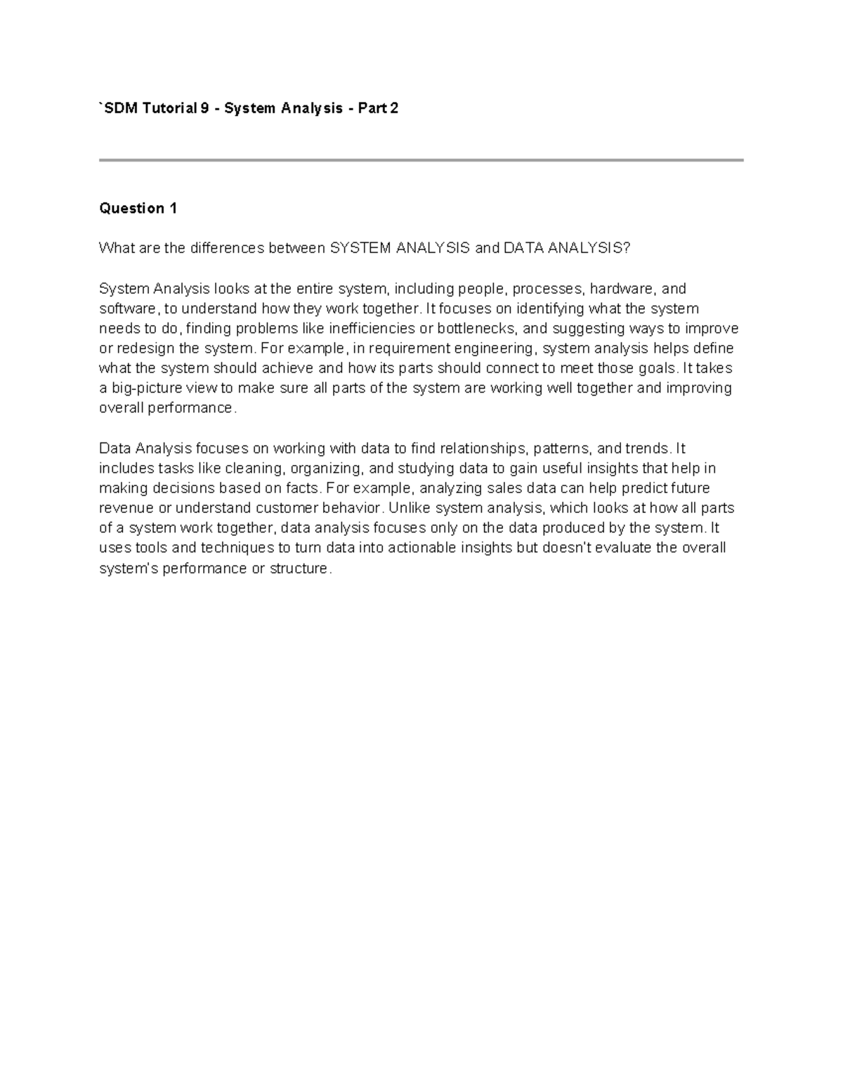 SDM Tutorial 9 - System Analysis - Part 2 - T25 - `SDM Tutorial 9 ...