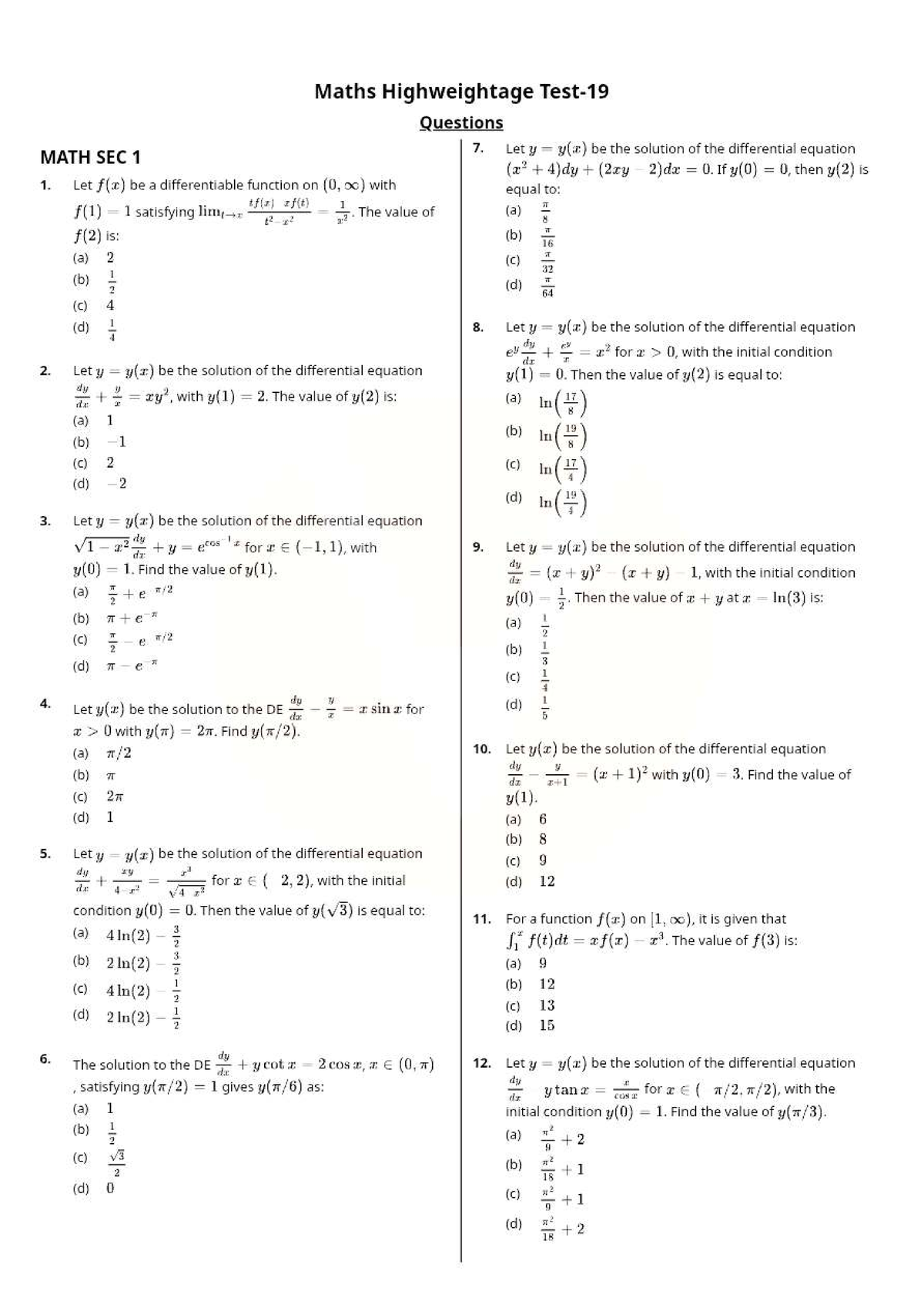 High-Weightage Questions for MATH SEC 1 & 2 - Studocu
