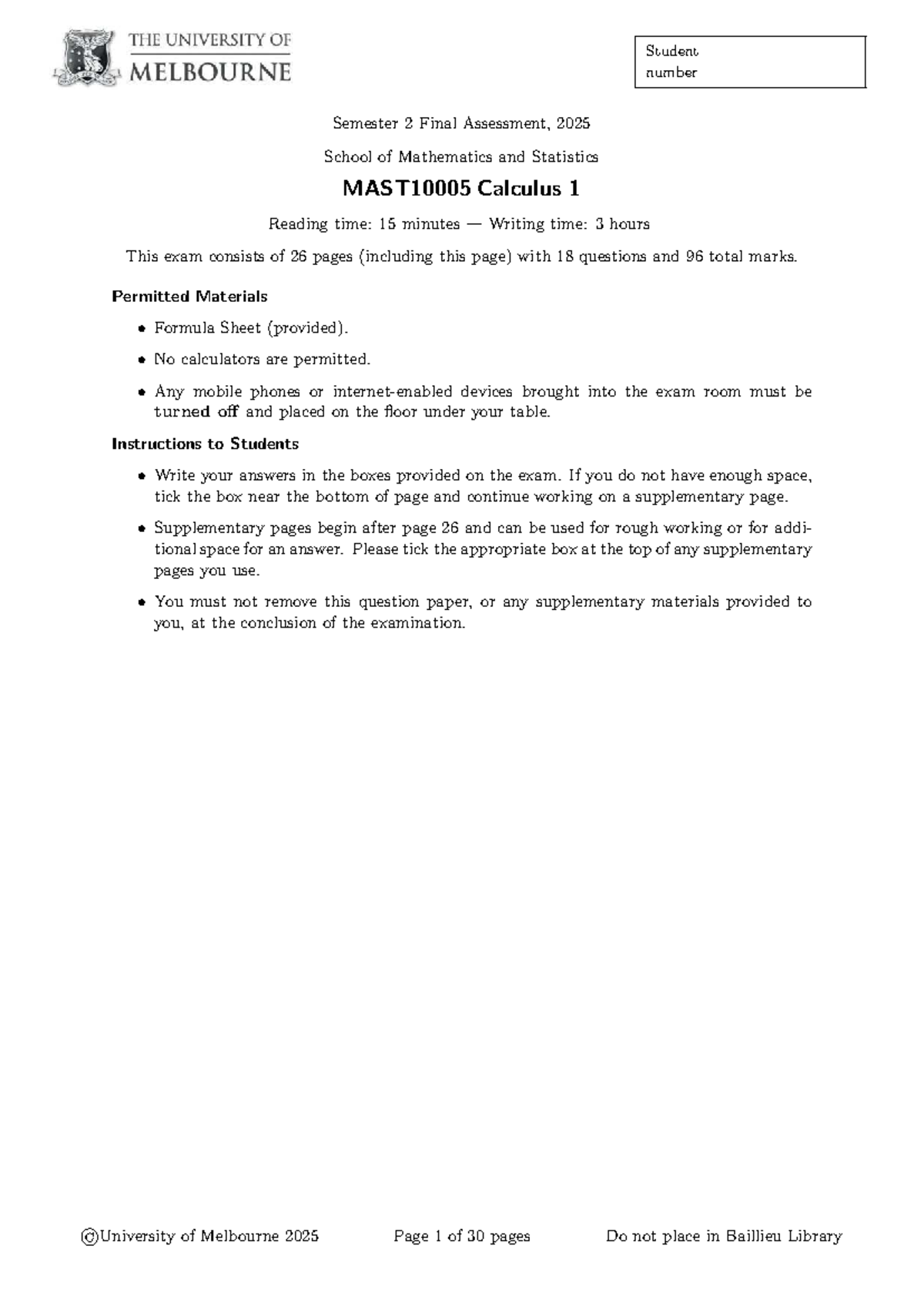 MAST10005 Semester 2 Final Exam 2025 - Calculus 1 Past Paper - Studocu
