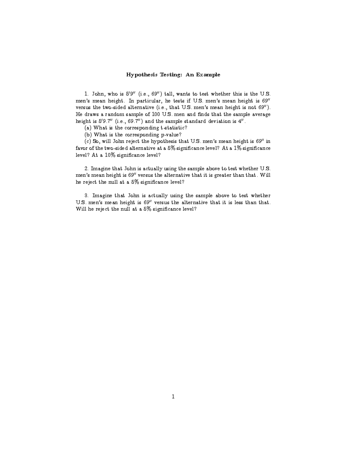 Hypothesis Testing Example: U.S. Mean Height Analysis - Studocu