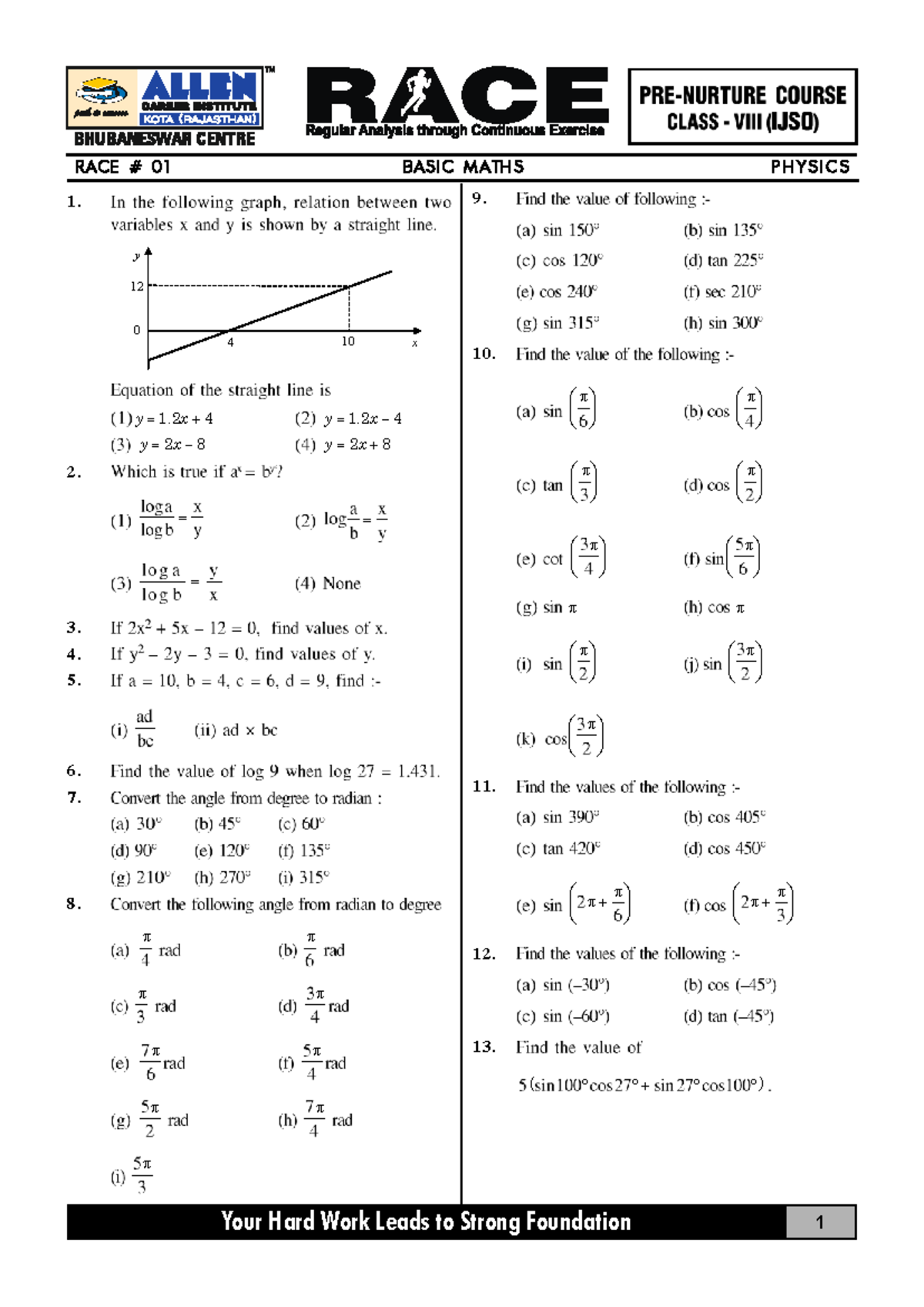 RACE-01 Basic Maths 8th IJSO-2 - Your Hard Work Leads to Strong ...