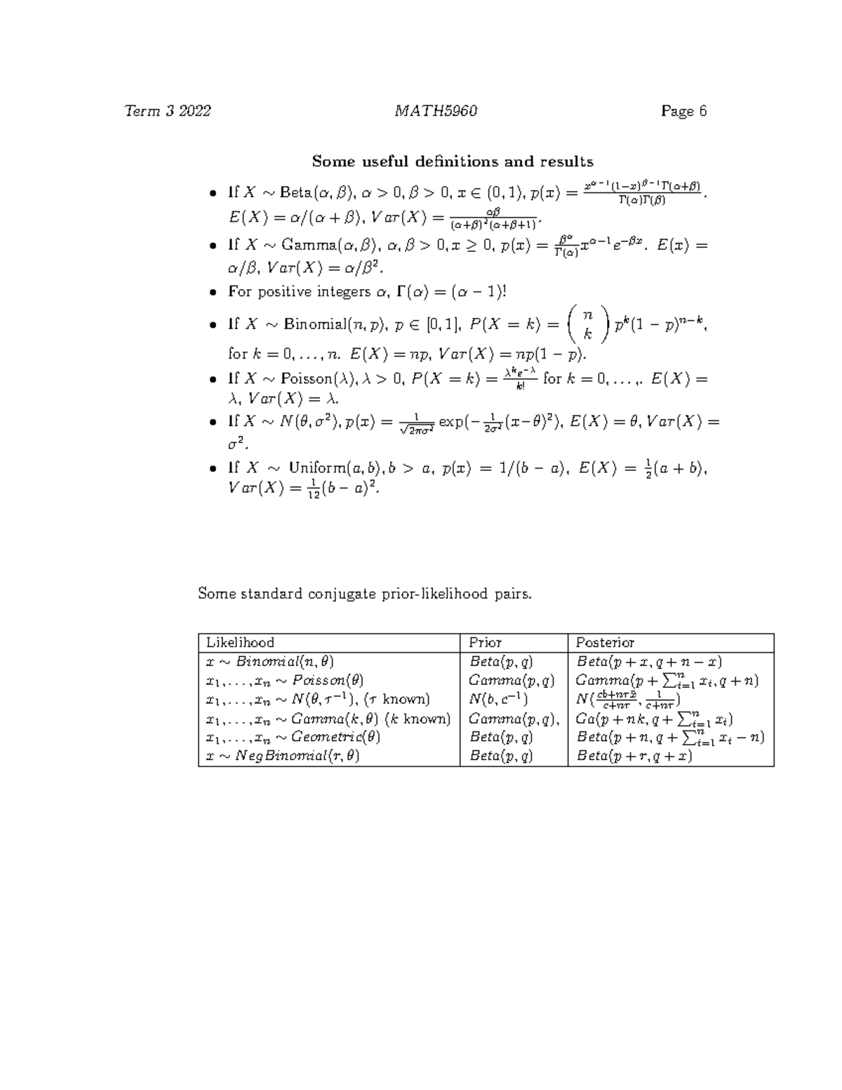 MATH5960 Term 3 2022: Important Statistical Distribution Formulas - Studocu