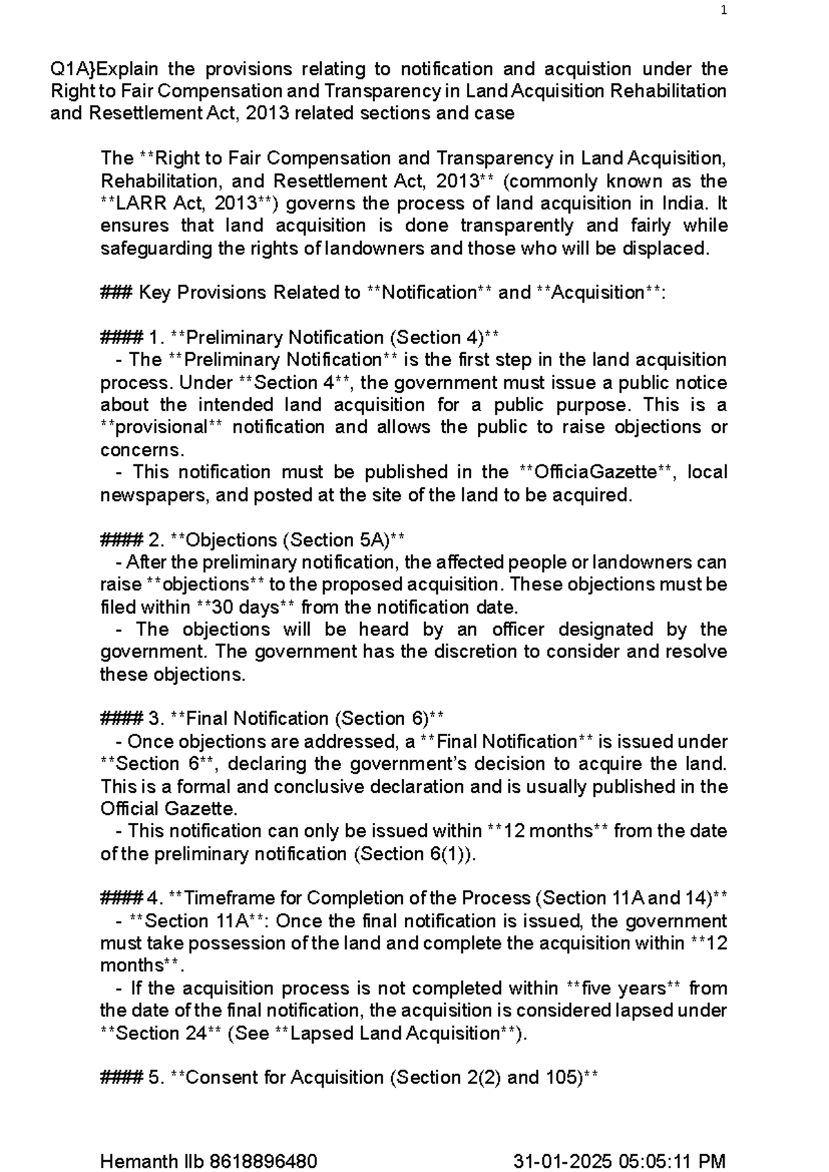Land Law (2025) Jan-Feb: Solved Q&A on LARR Act Provisions and Cases ...