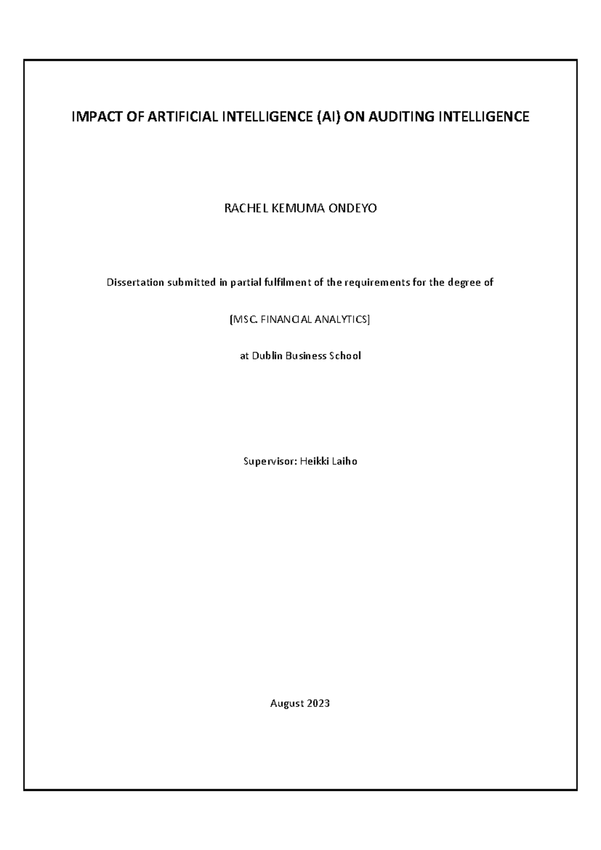 Impact of AI on Auditing Intelligence: MSc Financial Dissertation - Studocu