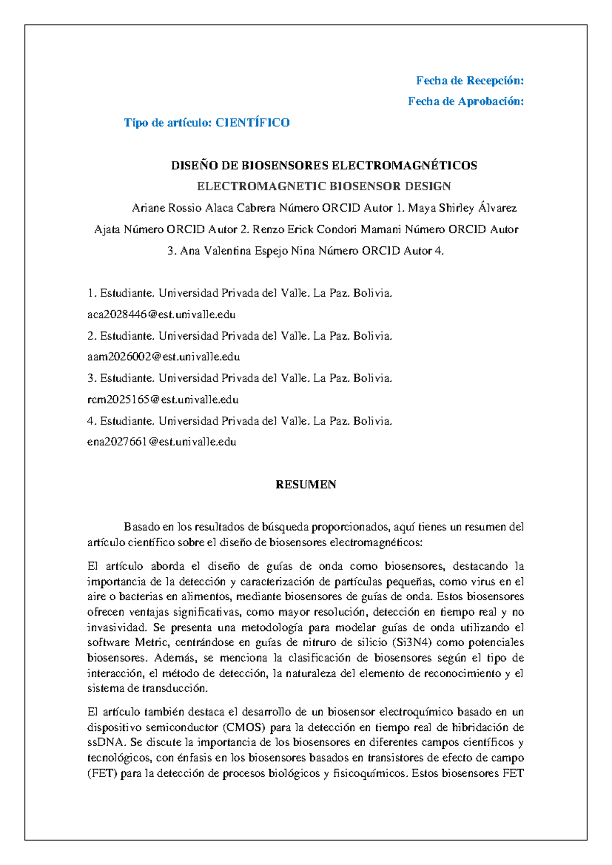 Art DDSE - INFORME - Fecha de Recepción: Fecha de Aprobación: Tipo de ...