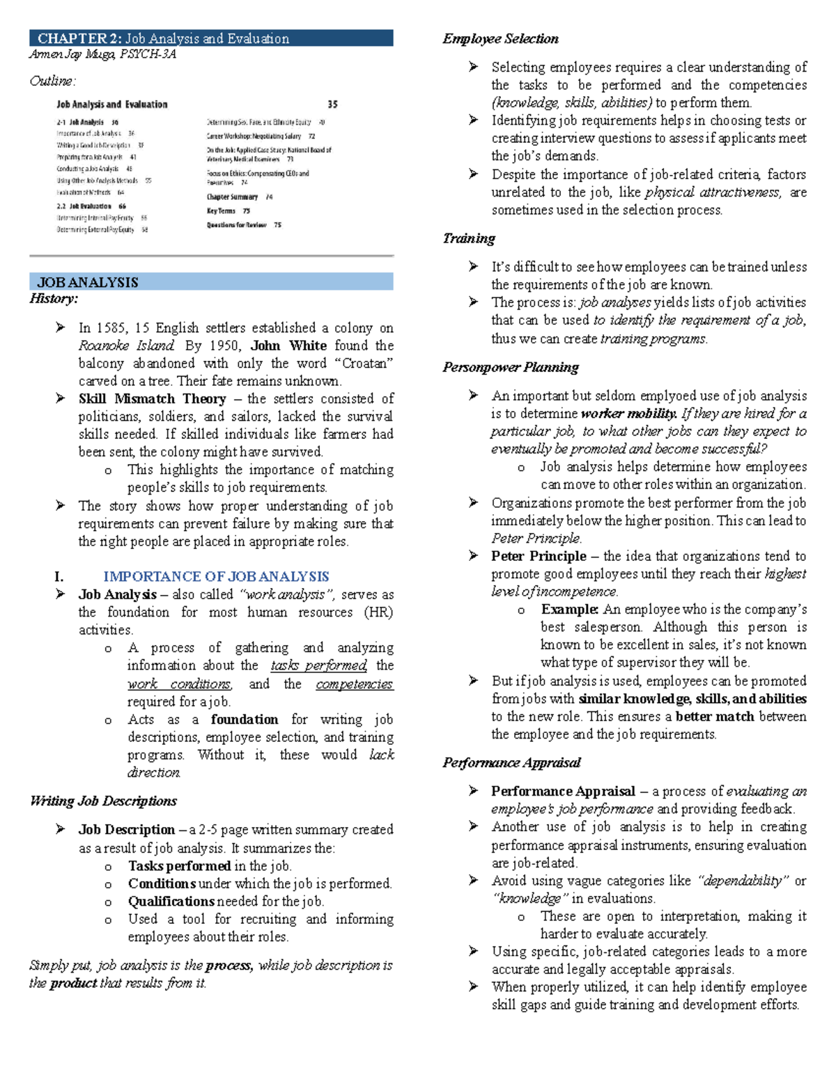 IO 101: CHAPTER 2 - Job Analysis and Evaluation Lecture Notes - Studocu