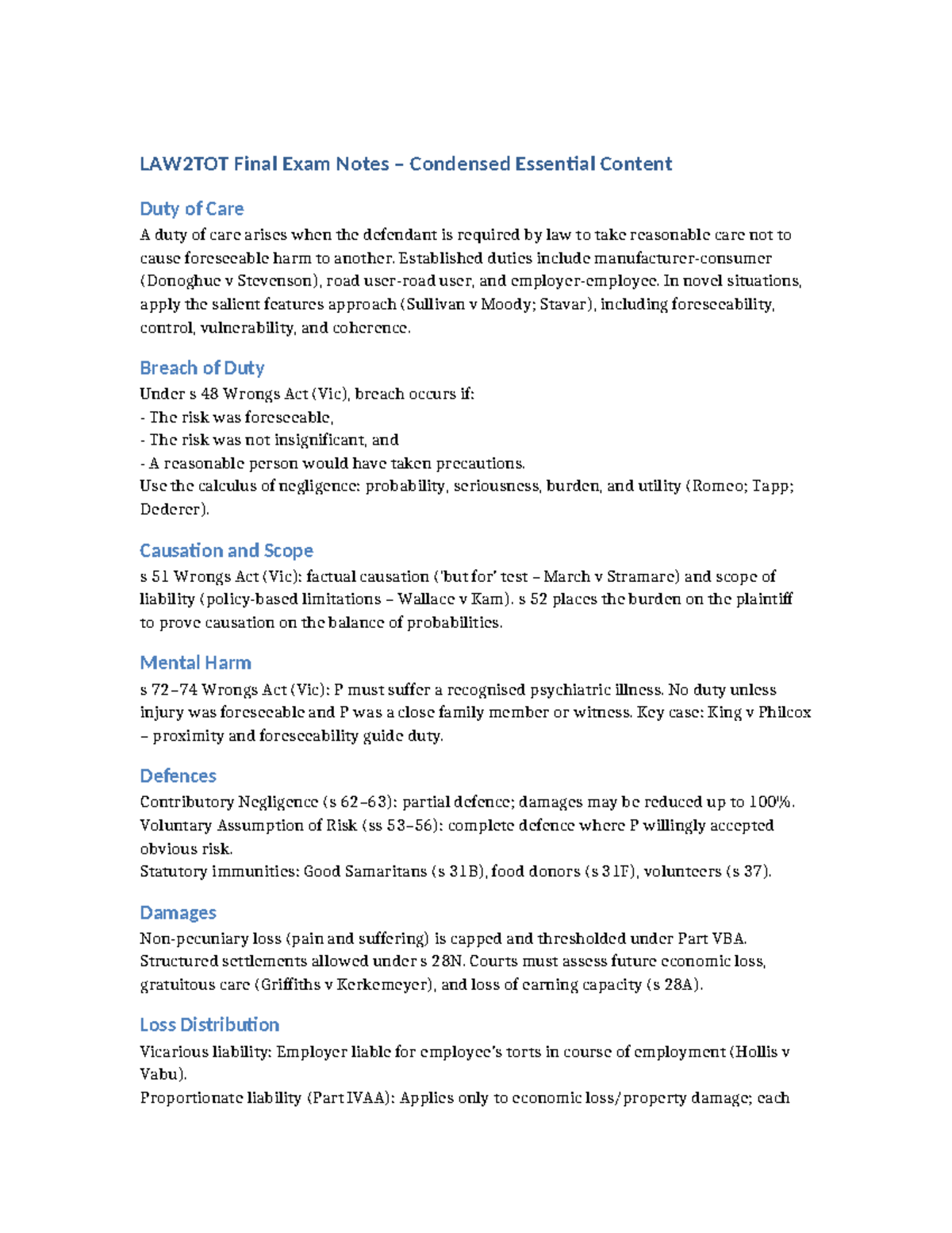 LAW2TOT Final Exam Notes: Duty of Care & Negligence Principles - Studocu