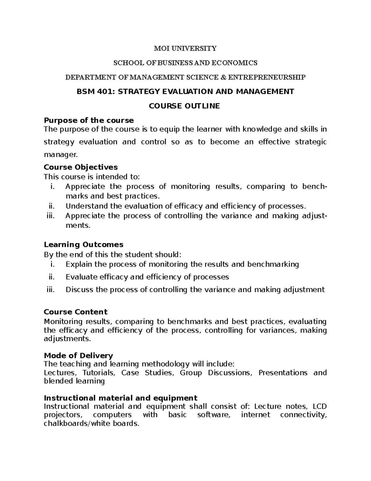BSM 401 Course Outline: Strategy Evaluation and Management - Studocu