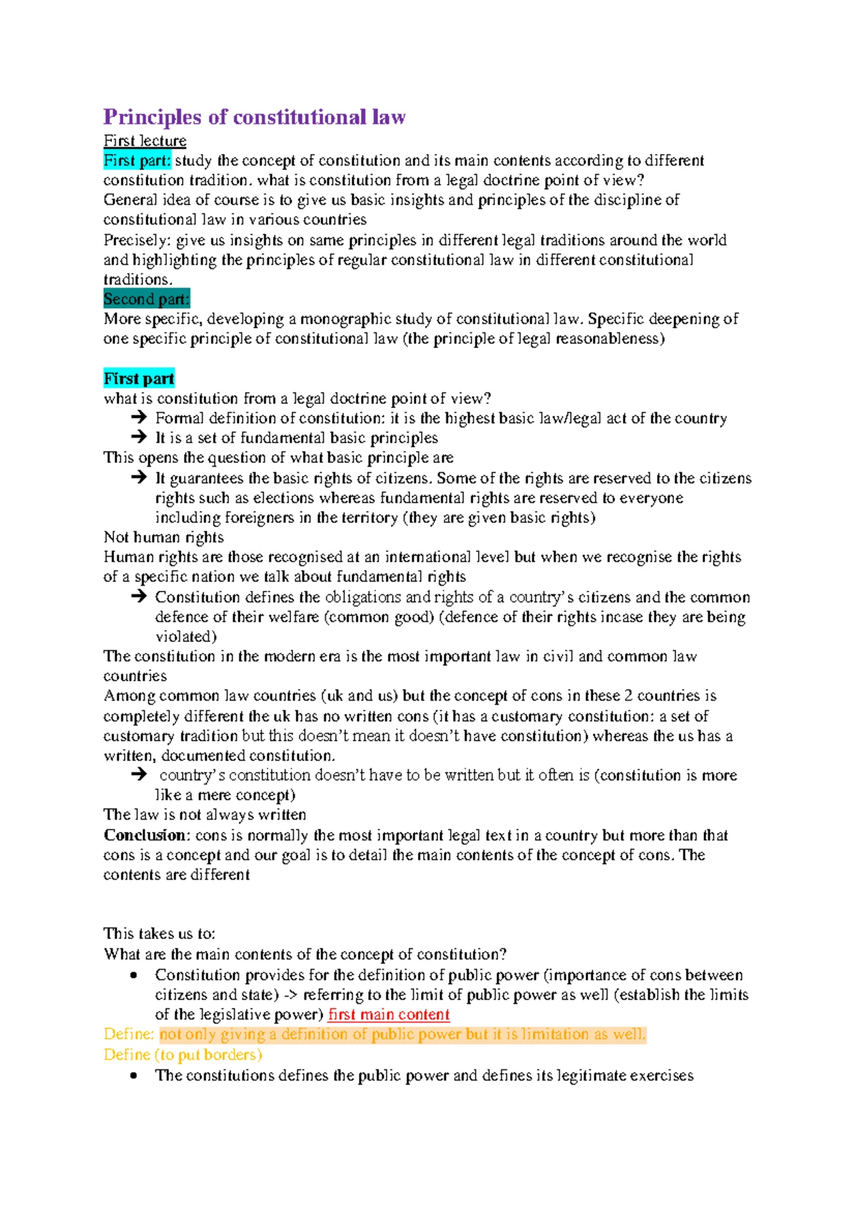 Constitutional Law (Course Code) Lecture Notes: Principles and ...