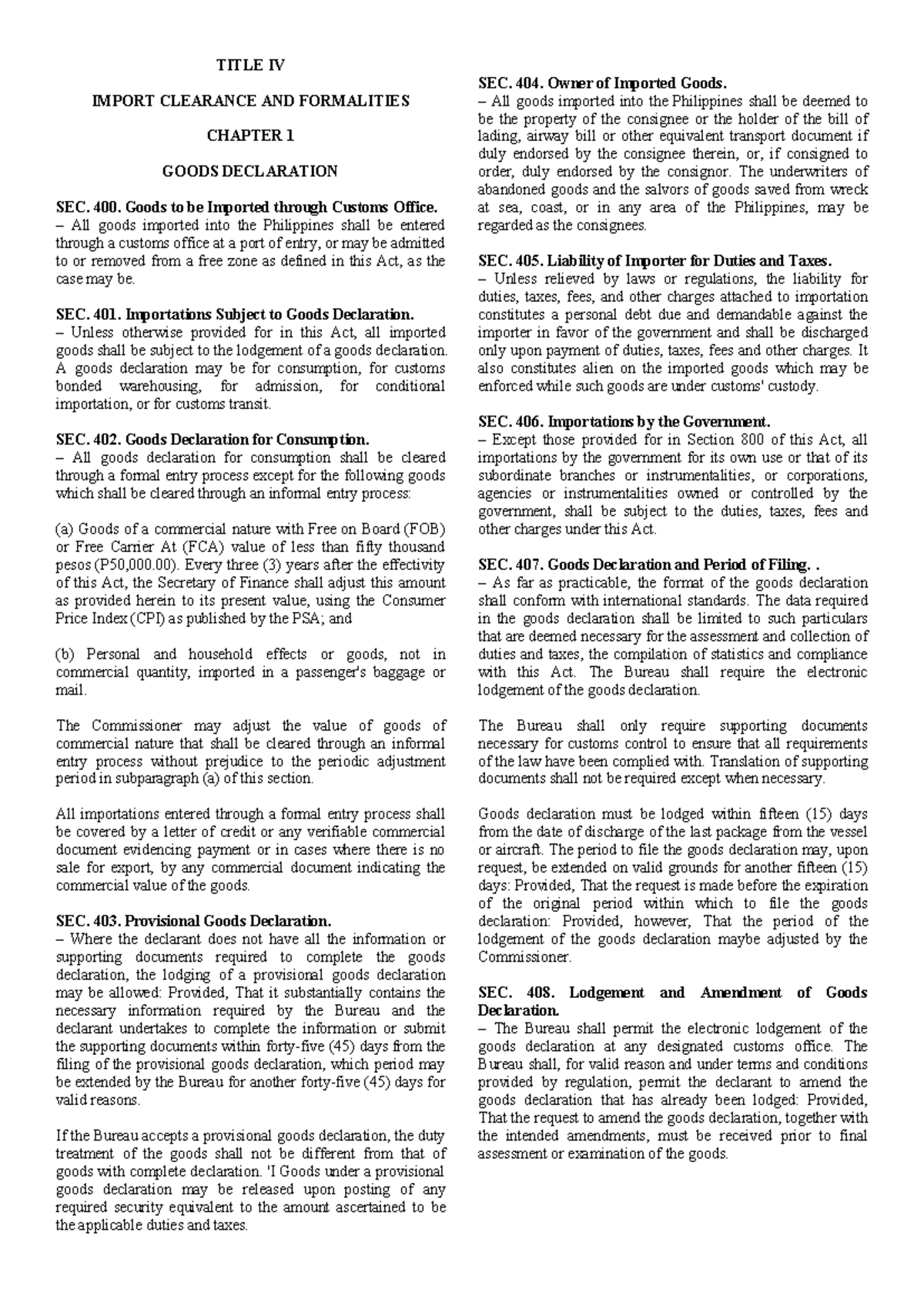 Section 400-418: Import Declaration Procedures - TM104 Notes - Studocu