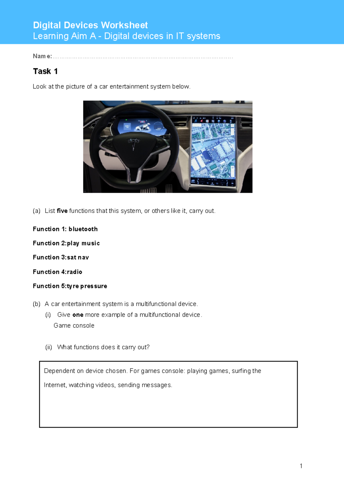 Digital Devices in IT Systems Worksheet 1 - Learning Aim A - Studocu