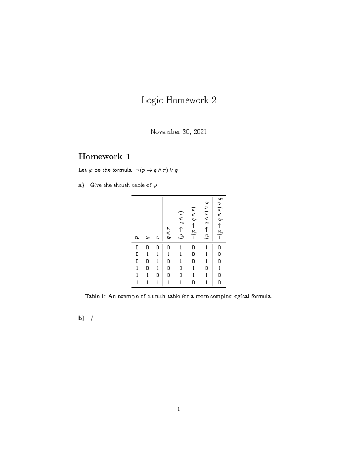 Introduction to Logic Homework 2 - Truth Tables and Formulas - Studeersnel